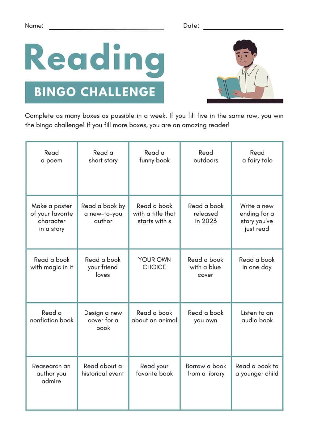 Reading Bingo Challenge Worksheet